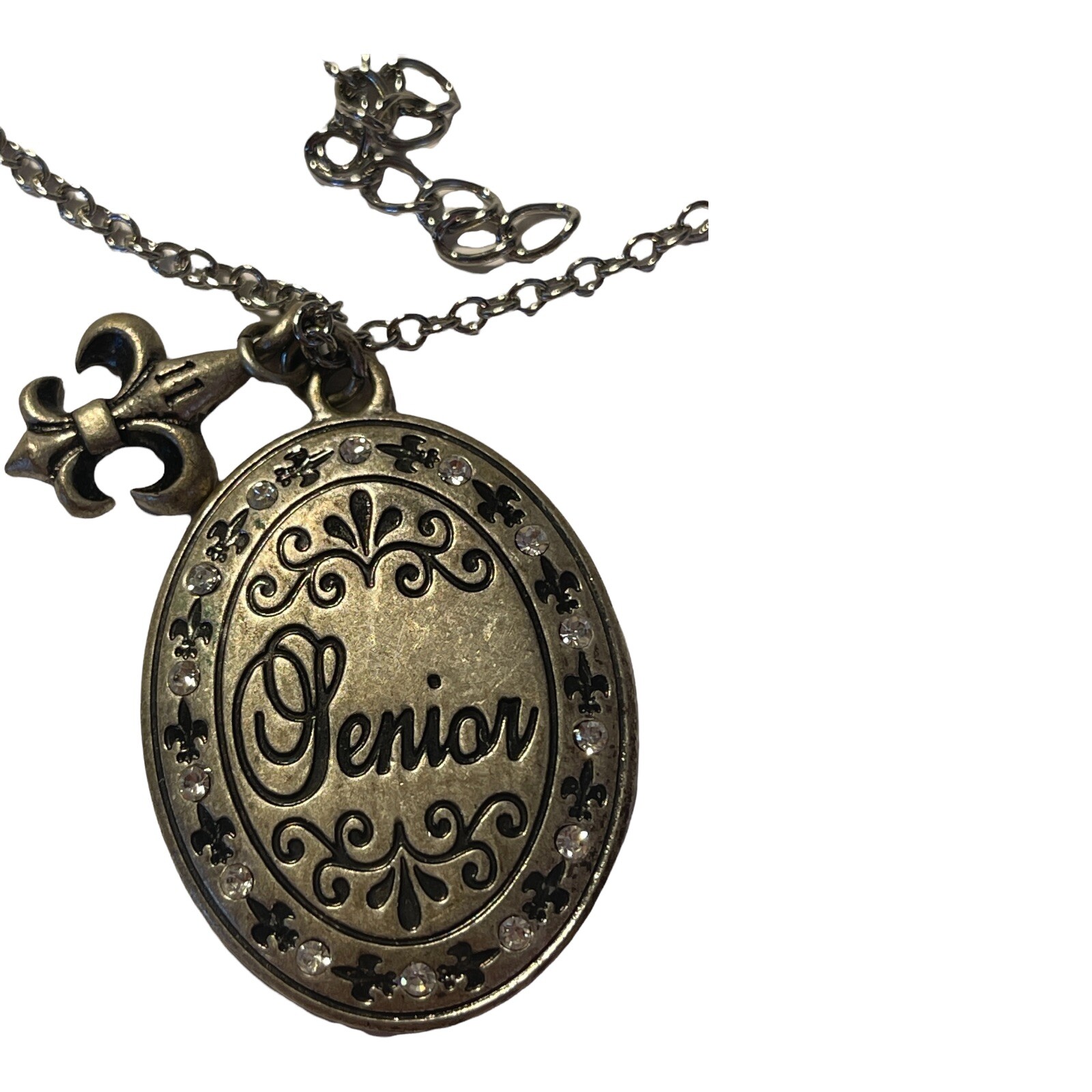 JOSTENS SENIOR Rhinestone Crystal Accents Antiqued Silver Tone Pendant Necklace!