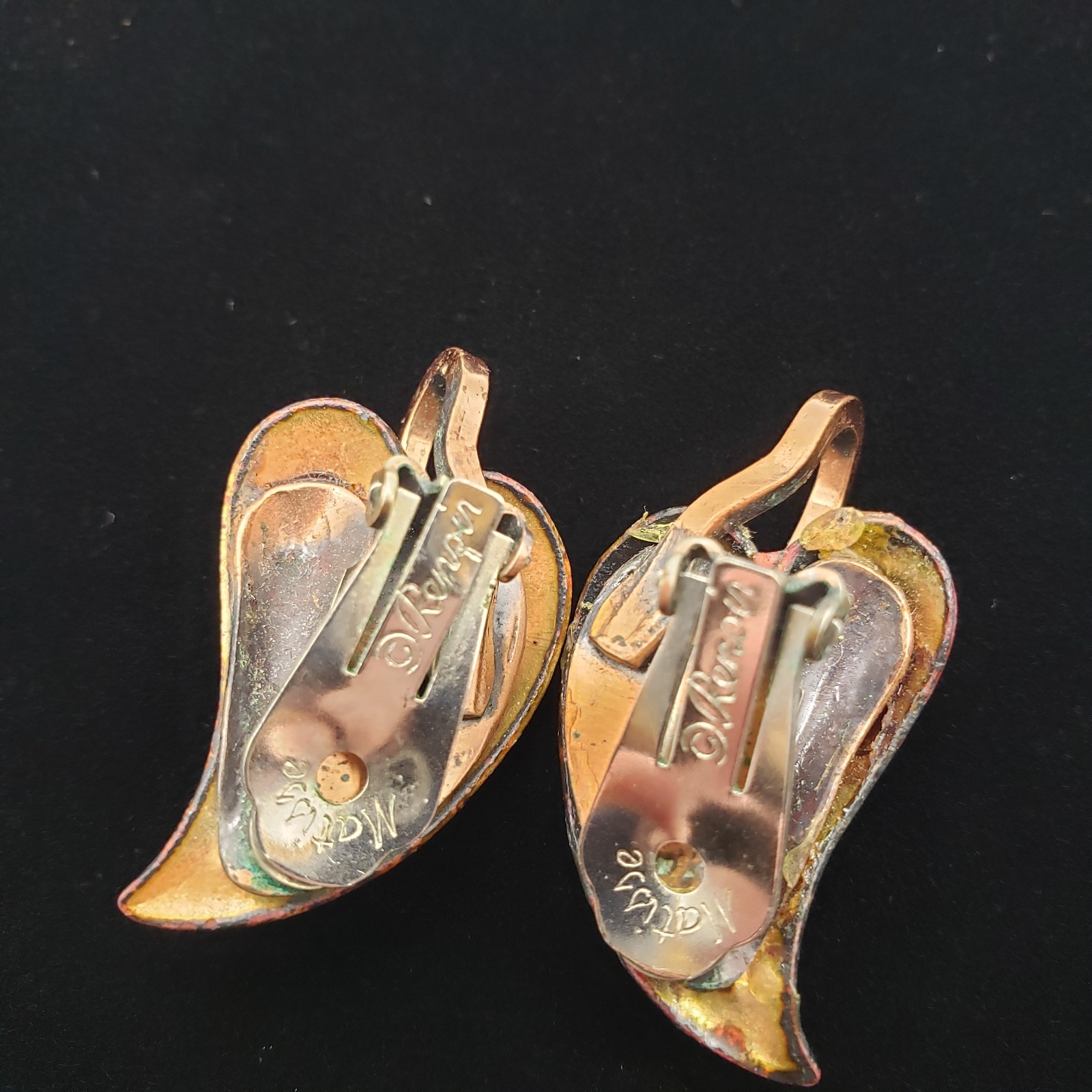 Earrings Clip On Signed Matisse Renoir Copper Enamel Leaf Mid Century Modern