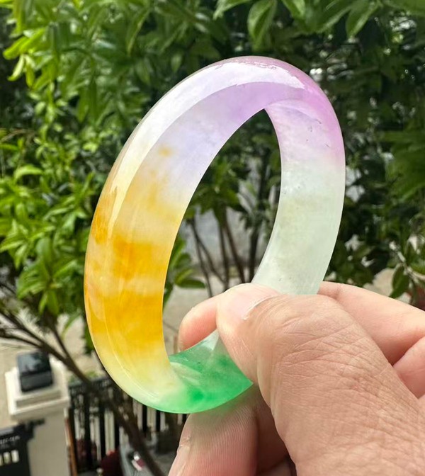 Natural Grade A Jadeite Bangle Tri-Color Green Lavender Yellow Burmese Jade 59mm