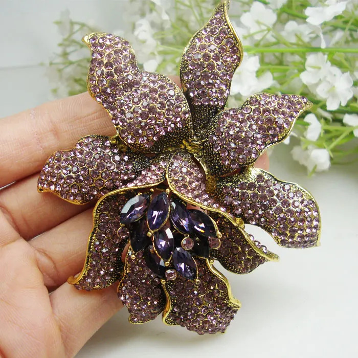 Vintage Style Purple Rhinestones Crystal Orchid Flower Brooch Pin Fashion