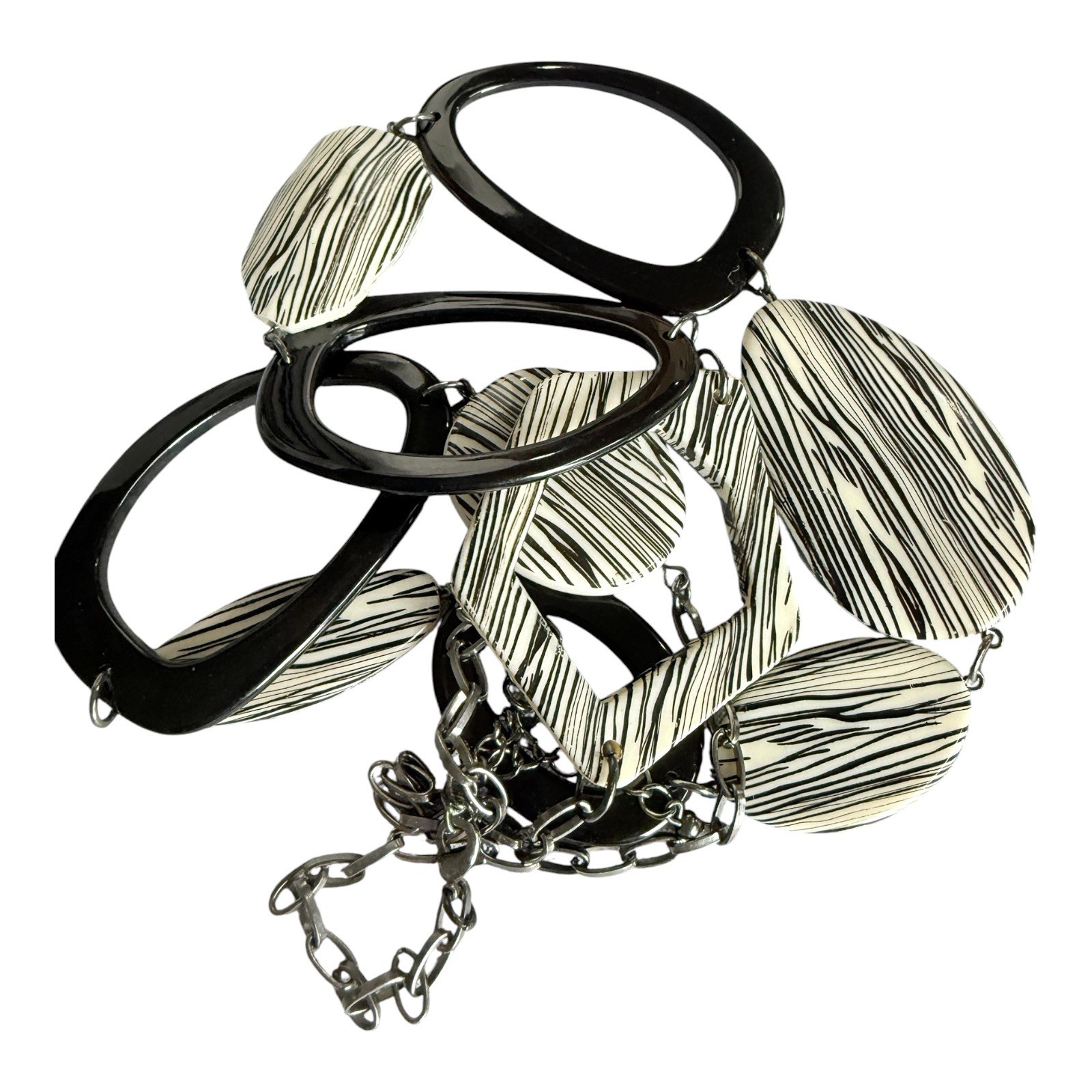 Chico’s Geometric Abstract Link Statement Necklace Silver Tone Black White Resin