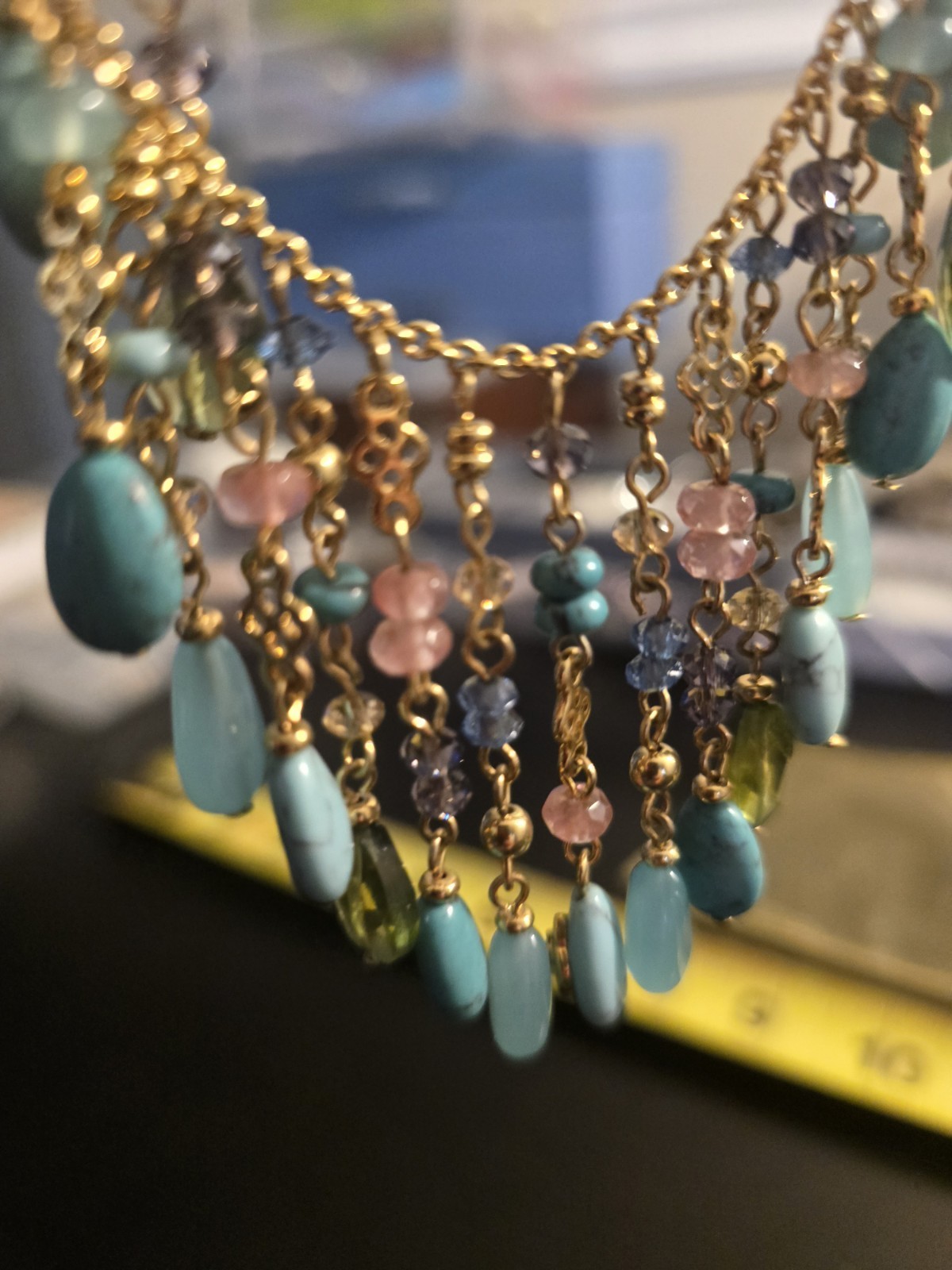 Gold Tone Bohemian Bib Necklace Blue Pink Green Beaded Fringe 22 in LN4578-5015