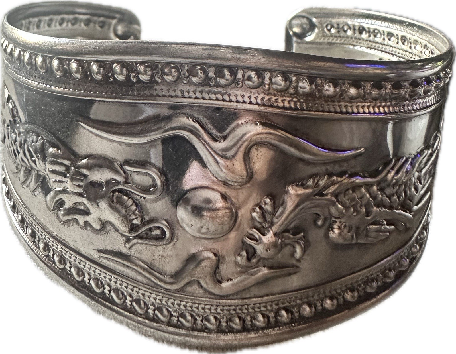 Wide Silver Tone Dragon Cuff Bracelet Asian Inspired Statement 1.5”