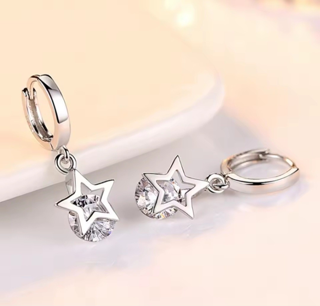 925 Sterling Silver Earrings Star Drop Hoop style
