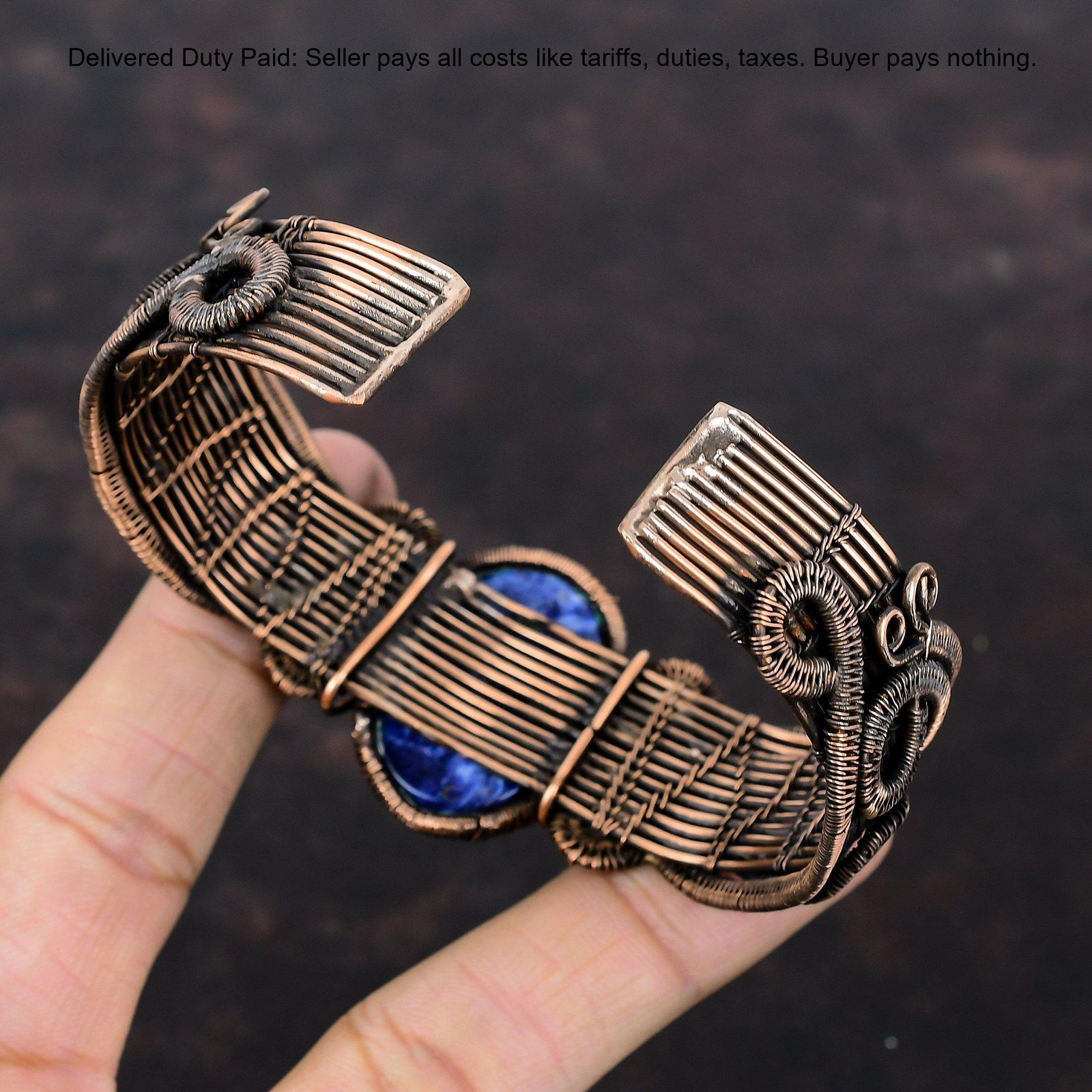 Oval Third Eye Chakra Sodalite Gemstone Boho Wire Wrapped Bangle Jewelry Copper