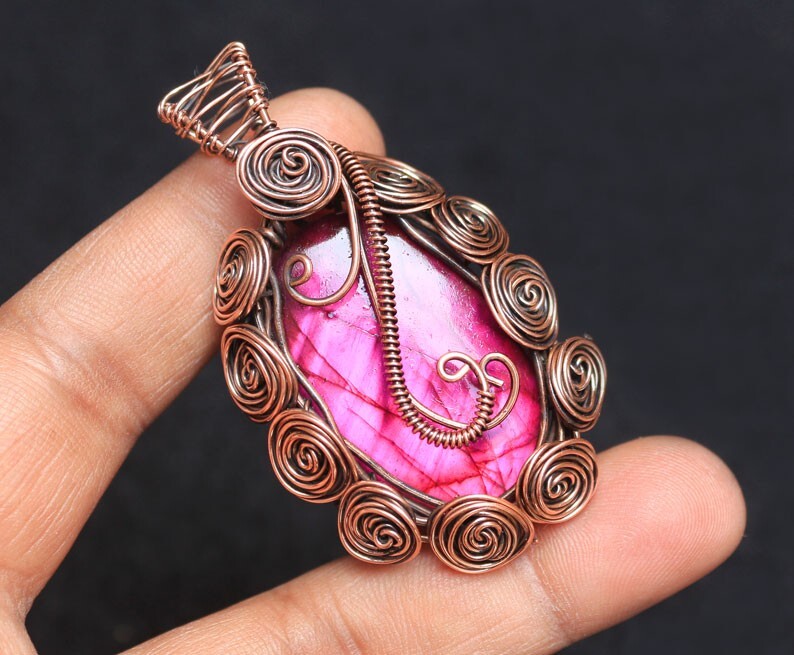Birth Gift Pendant Pink Fire Labradorite Copper Wire Wrap Pendant Jewelry N34