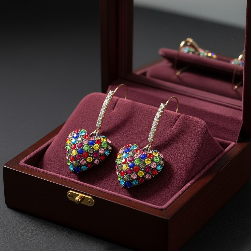 Betsey Johnson Stone Heart Dangle Earrings | Rainbow Pave Stones Crystal Accents