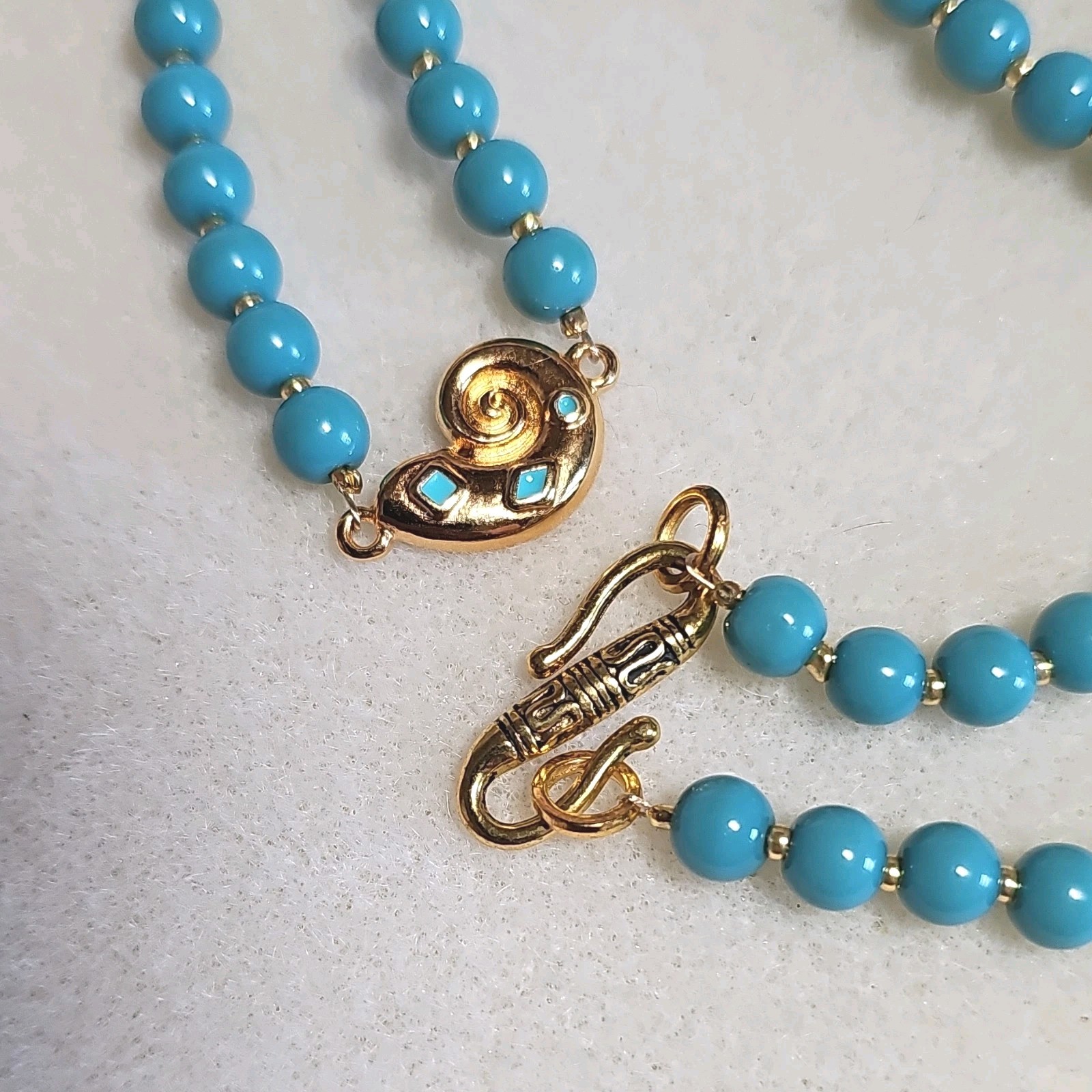 Turquoise Glass Beaded Necklace W/ 18k Gold Plate Shell Enamel Focal S-hook Clos