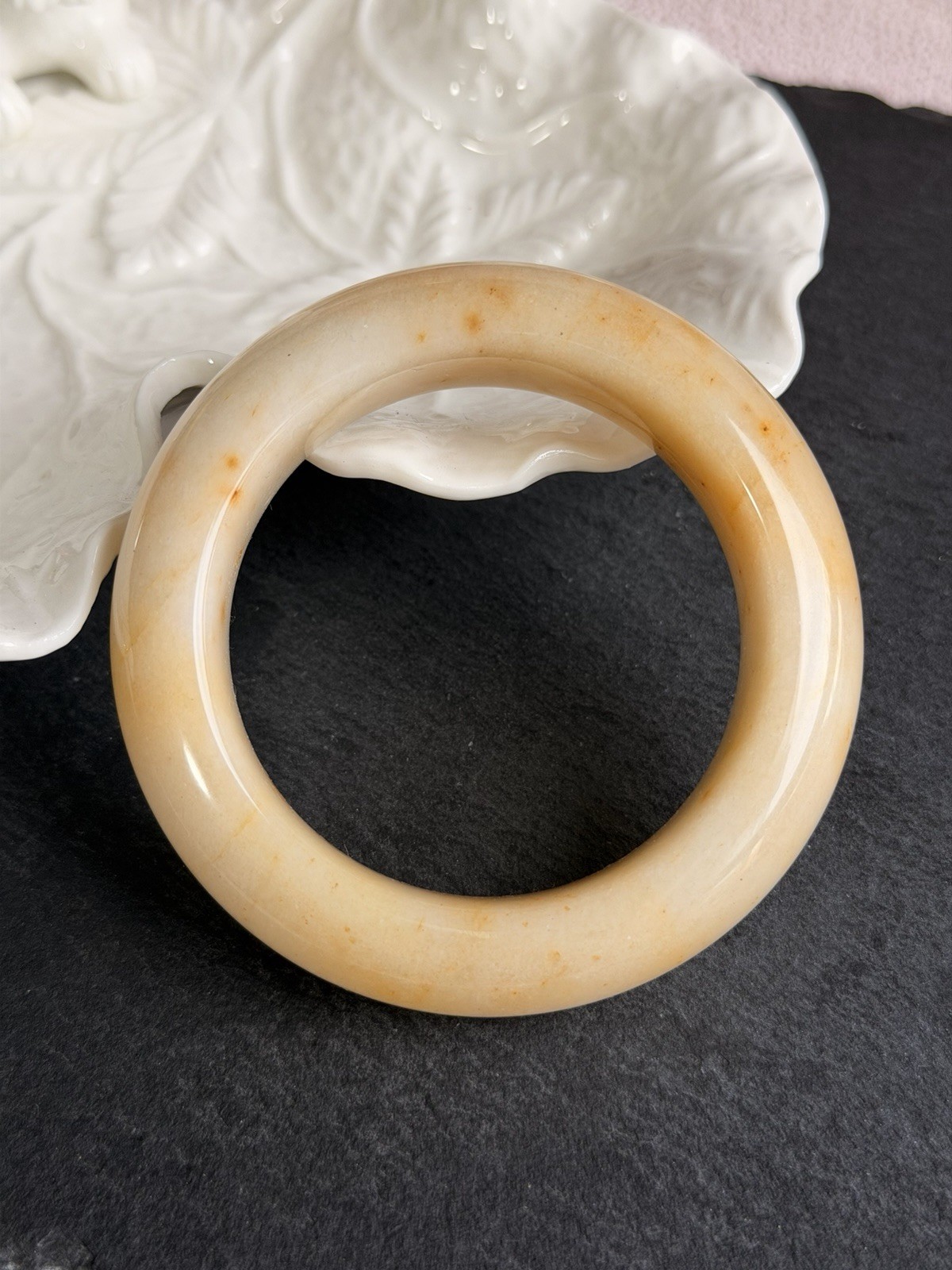 Natural Shoushan Jade Bangle 53.8mm Cream Ivory Jade with Honey Gold Inclusions