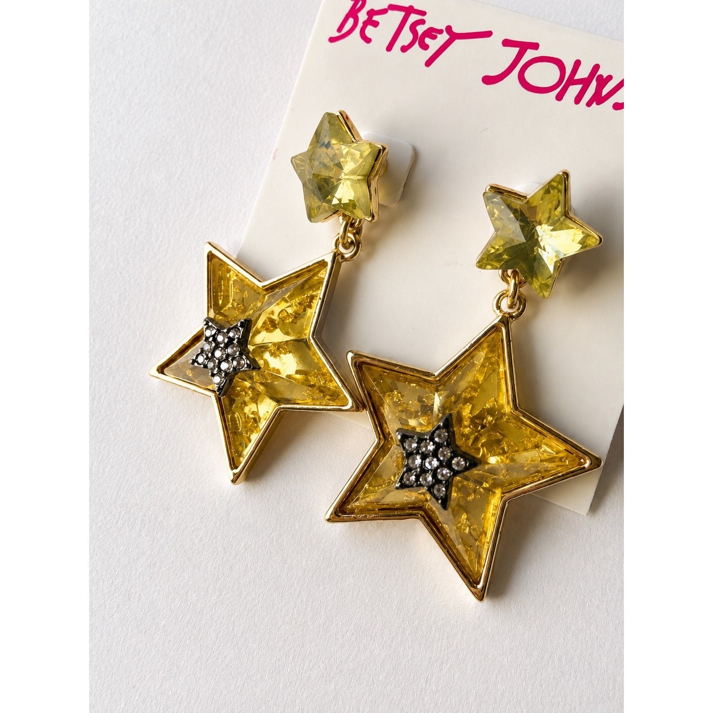 Betsey Johnson Celestial Punk Star Drop Earrings Yellow Crystal NWT