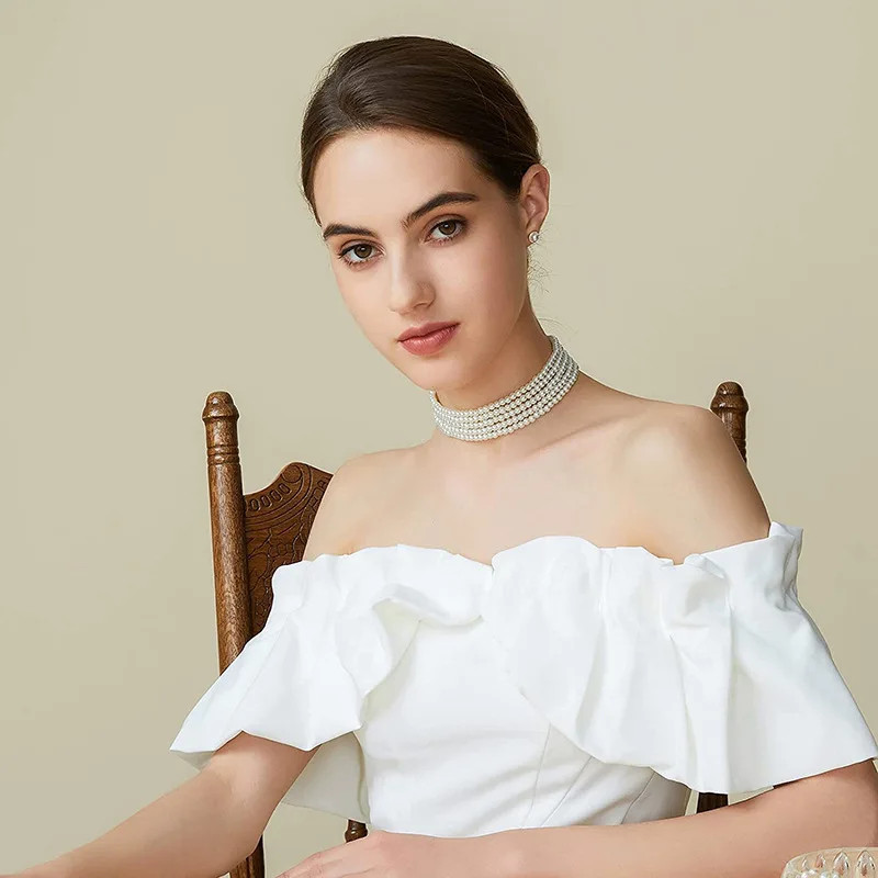 Faux Pearl Layered Collar Choker Necklace Women White Beaded Rope Jewelry