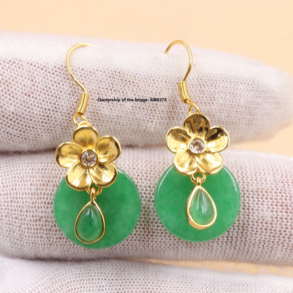 New Yellow Alloy Flower Women’s Heated Green Jade Dangle Earrings Hook Earrings