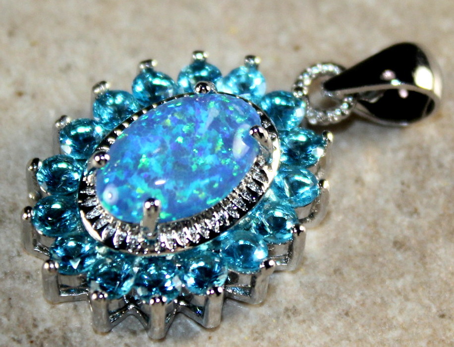 SILVER Elegant Blue Fire Opal & Sky Blue Topaz Oval Pendant Necklace WP40502