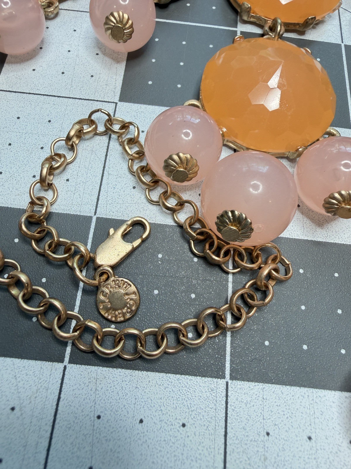 Bold Peach and Pink Chunky Statement Necklace Gold tone Bib Choker
