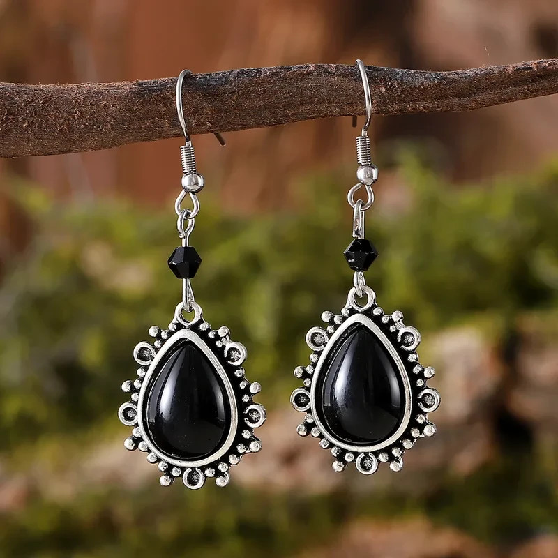 Ladies Fashion Retro Water Droplet Hook Earrings Black