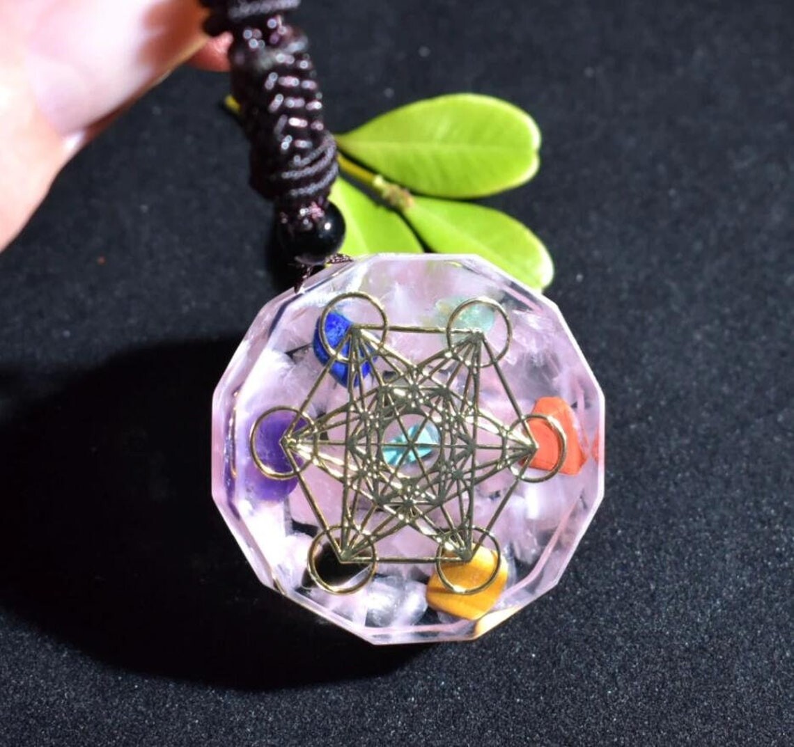Rose Quartz Orgonite Pendant Necklace 7 Chakra Orgonite Yantra Geometry Necklace