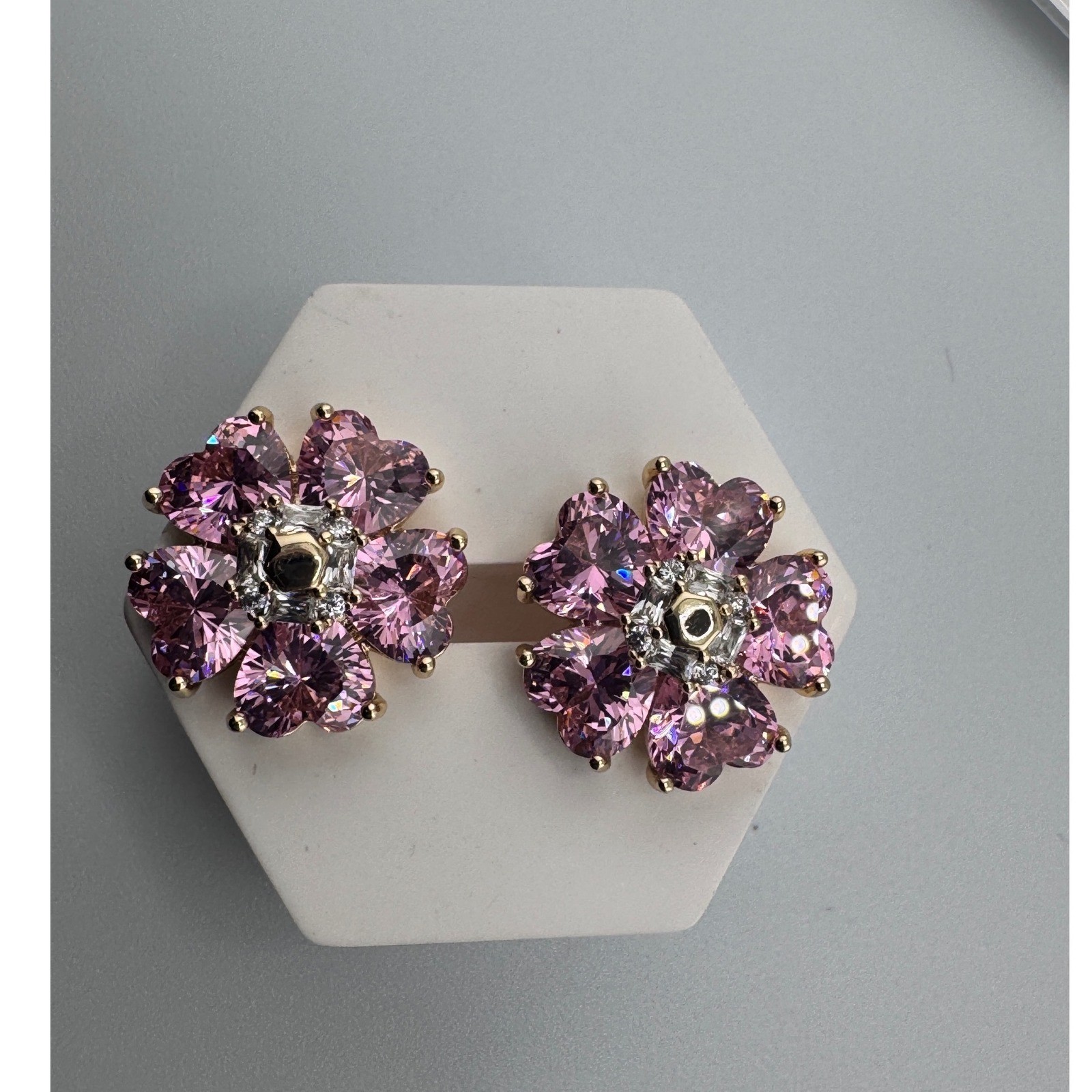 Pink Heart Petal Flower Stud Earrings 14K Gold Plated Cubic Zirconia Blossom