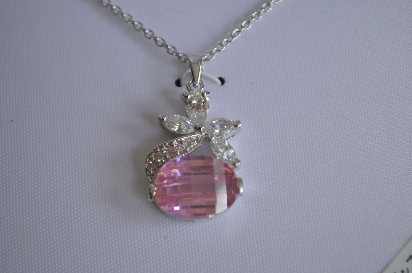 Pink Oval & Clear White CZ Pendant Silver Plated Necklace Gift Box