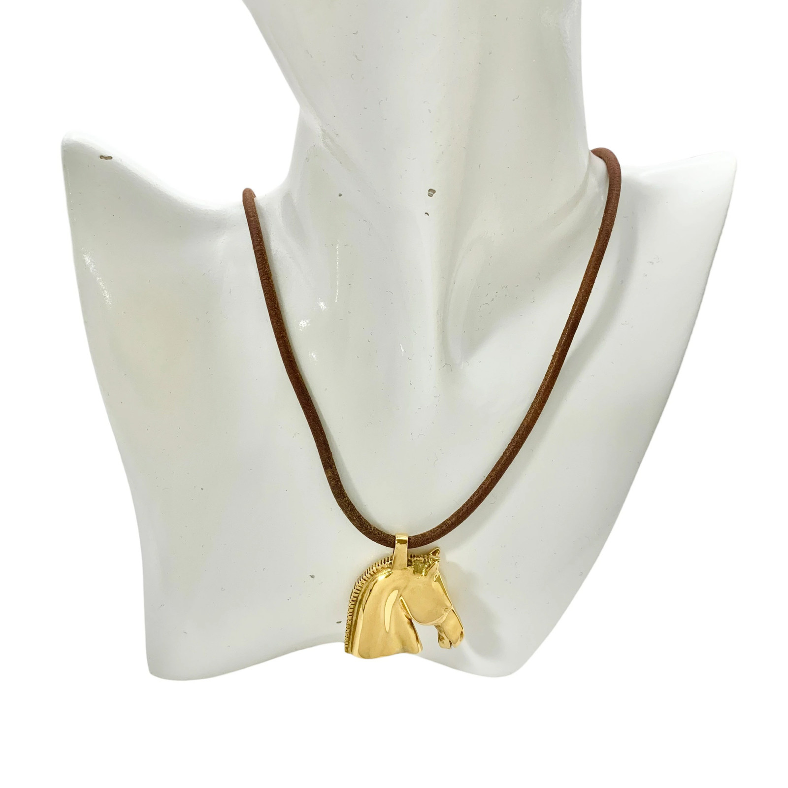 Hermes Necklace Cheval Horse Head Leather Brown Tea Gold Logo Motif With Box Use