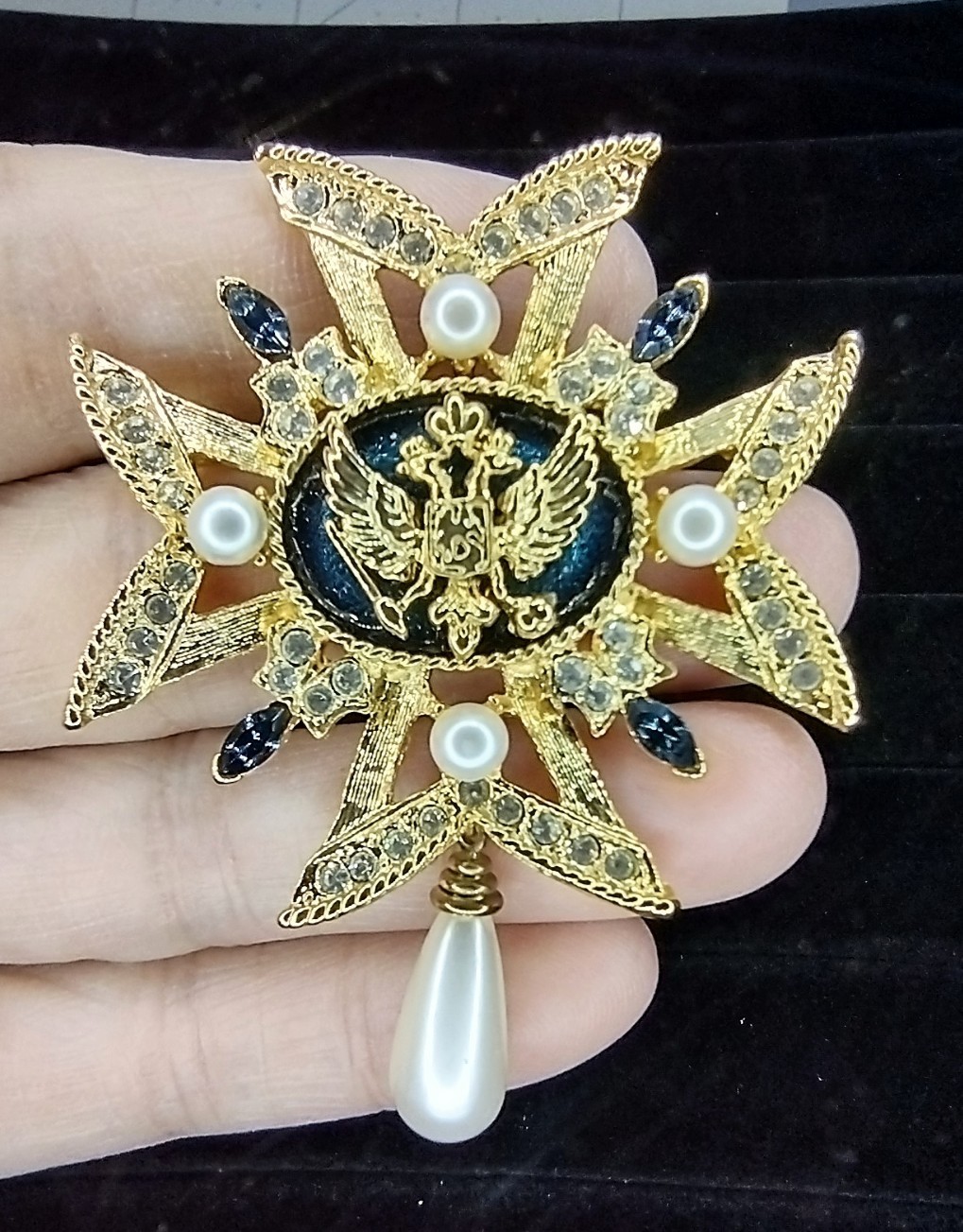 Vtg Russian Maltese Cross Brooch Pin Pendant Blue Enamel Rhinestone Faux Pearl