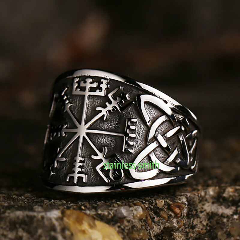 SMITH Men’s Stainless Steel Viking Celtic Knot Vegvisir Compass Ring Size 6-15