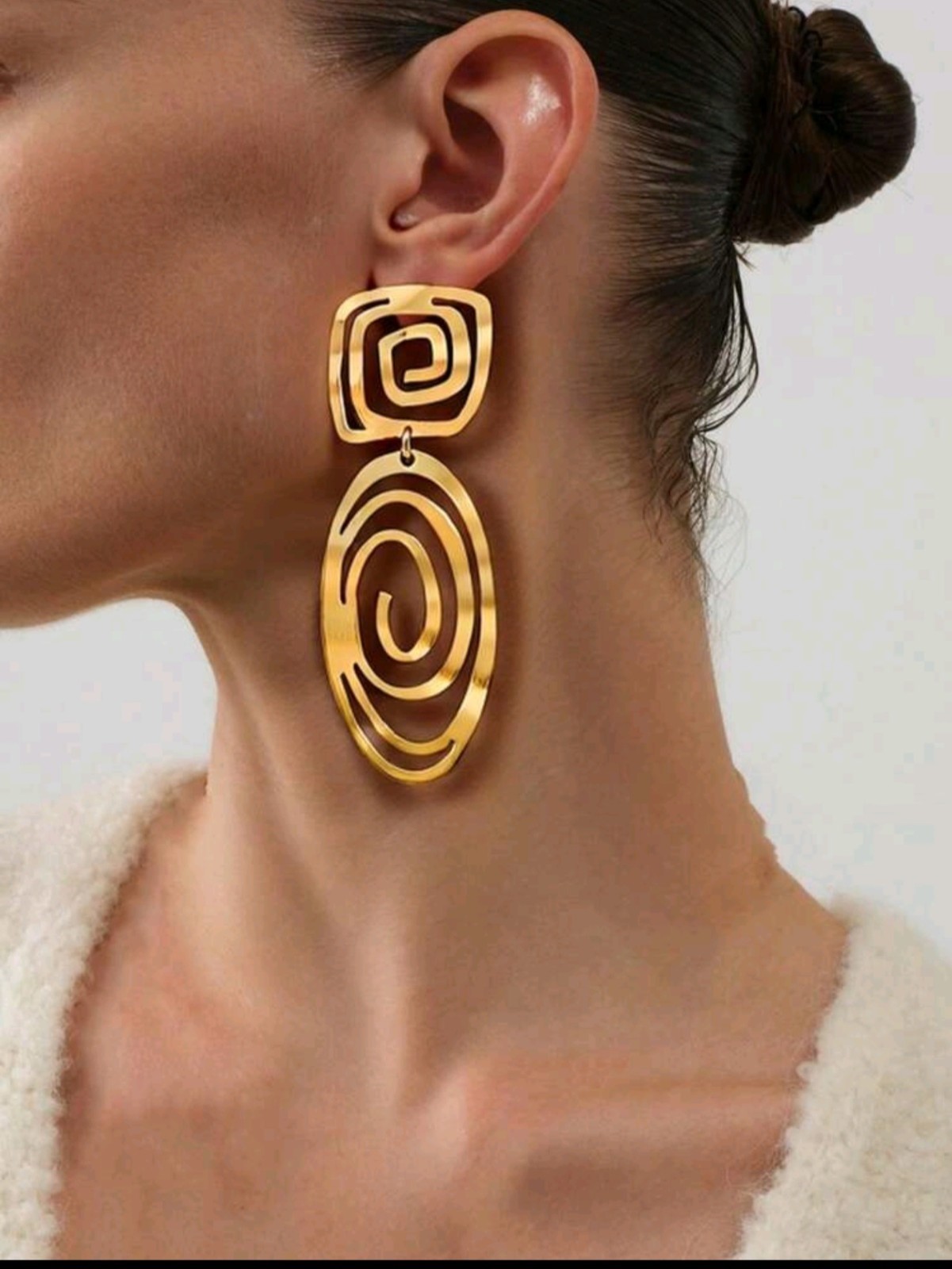 Large Geometric Gold Swirl Drop Earrings – Abstract Spiral Statement Jewelry