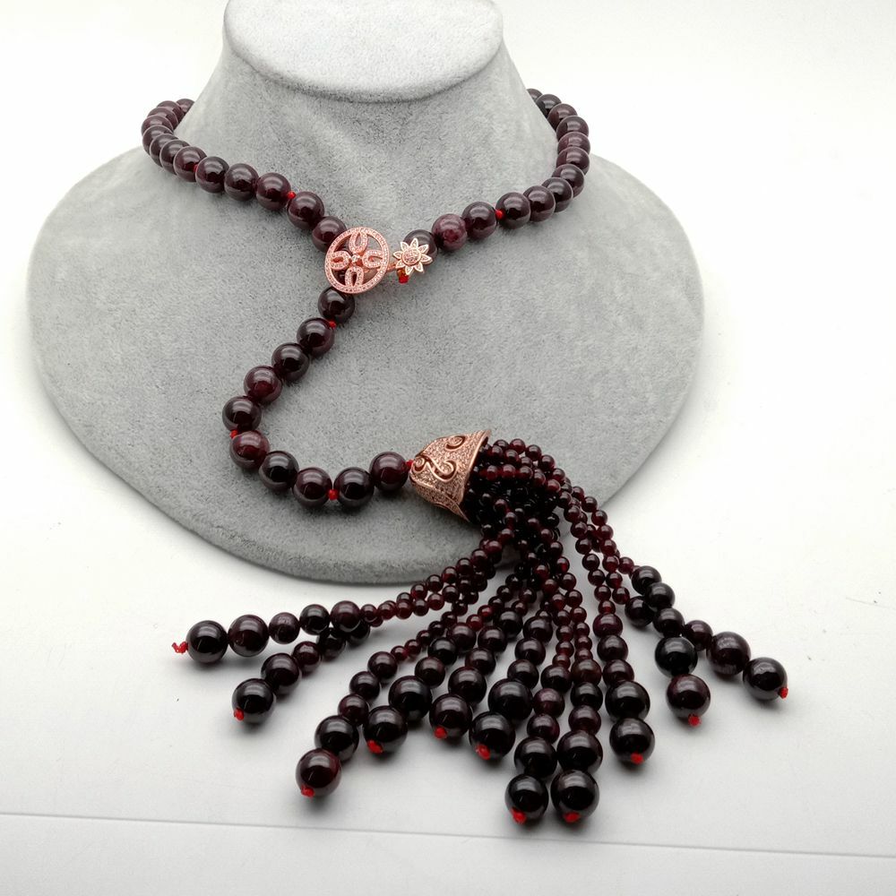 Natural Round Garnet Y-Drop Necklace Graduated Tassel Cz Pave Cap Pendant 29″