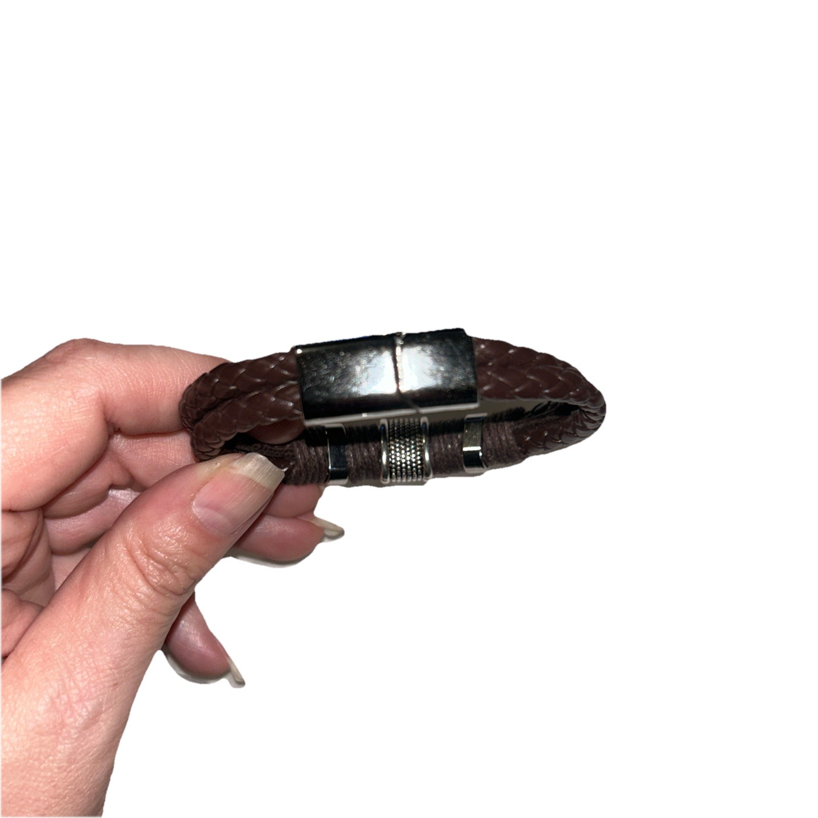 Brown Leather And Stainless Steel Braided Bracelet Men Casual Trending NIP Gift