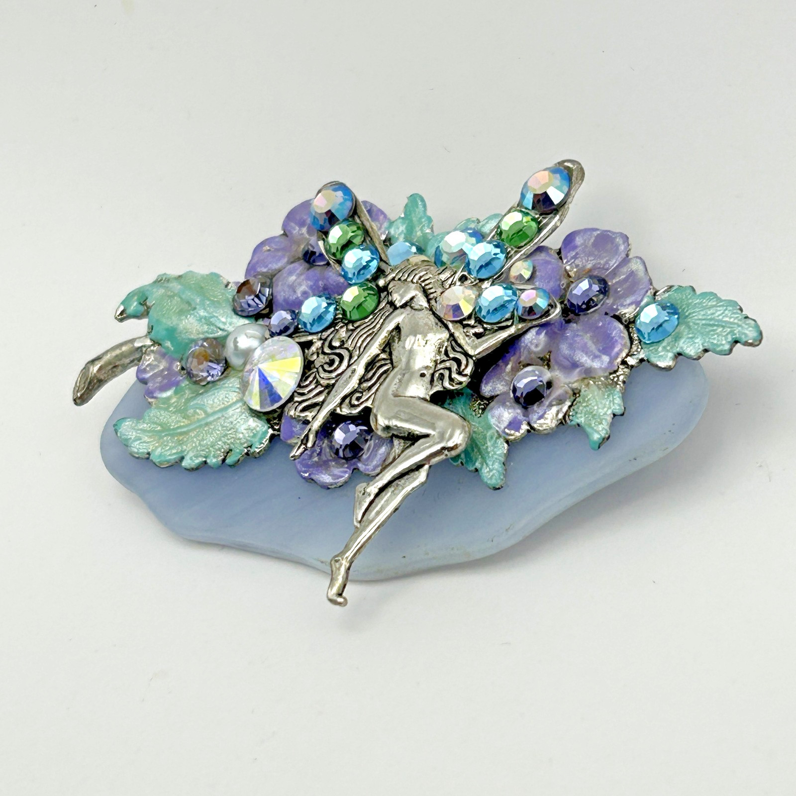 Fantasy Fairy Brooch AB Rhinestone Wings Flowers Leaves Whimsical Jewelry 2.5in