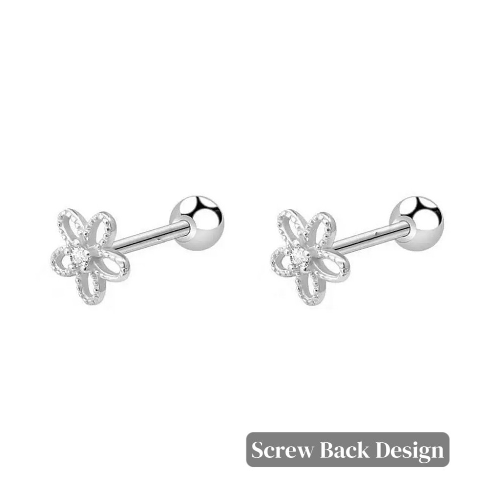 Women Small Silver Flower Screw Back Stud Earrings Girls Jewelry Gift For Her