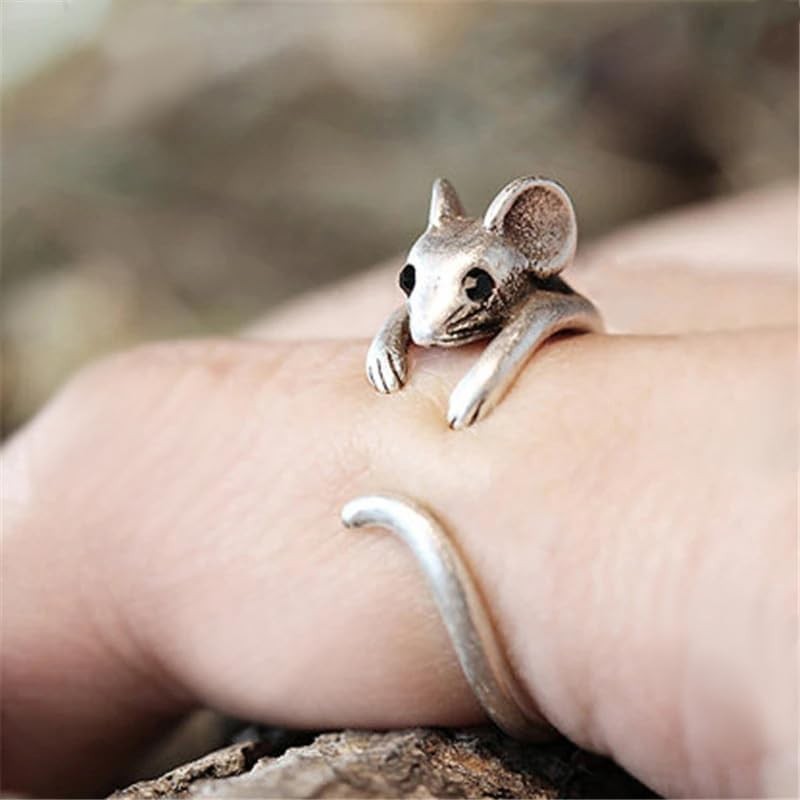 Cute Mouse Ring Cubic Zirconia Open Forefinger Ring Adjustable Animal Wrap Ring