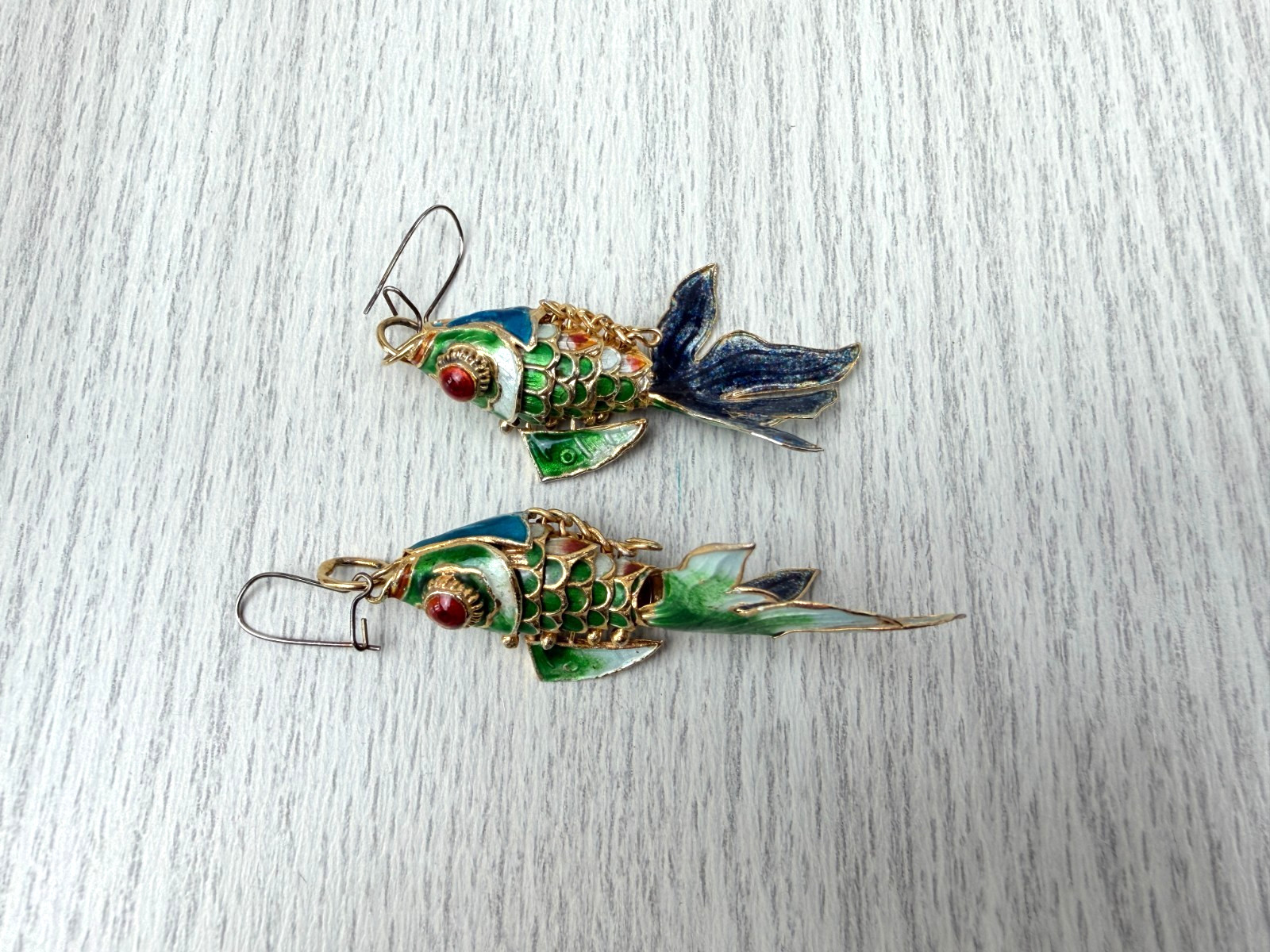 Cloisonne Guilloche Enamel Articulated Fish Green Blue Gold Red Eyes Earrings