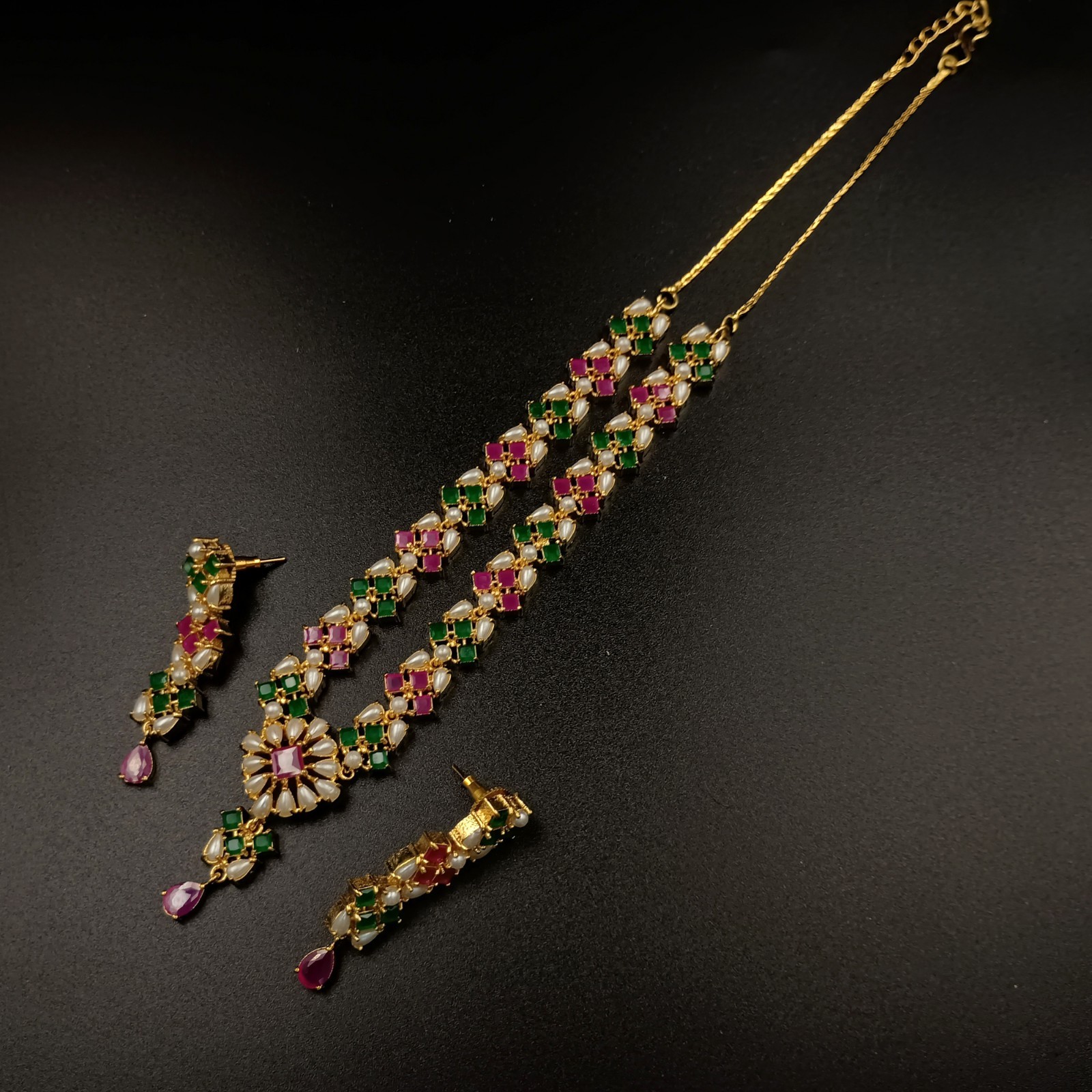Bollywood Style Ruby Emerald Pearl 22K Gold Plated Jewelry Necklace Earrings Set
