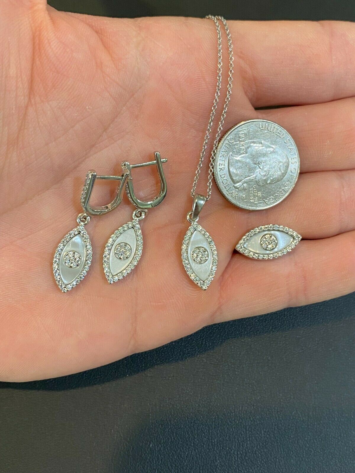 Real 925 Silver Iced Lucky Evil Eye Pearl Ring Necklace Earring Ladies Girls Set