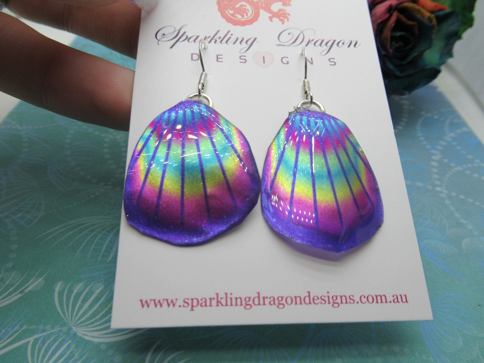 Butterfly Wing Earrings Blue & Rainbow Lines- Fairy Jewellery, Fun Gift for her
