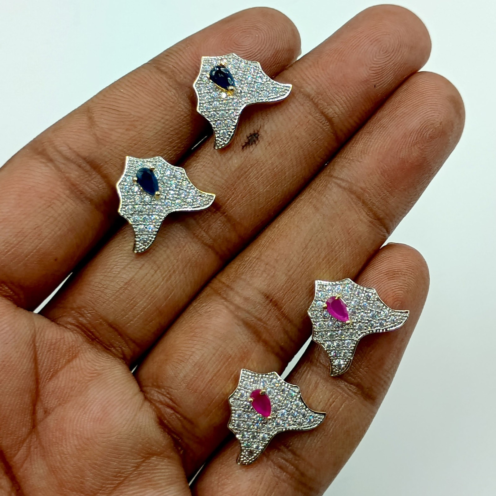 Ethnic South Indian CZ Stud Earrings Ruby Sapphire 22K Gold Plated Wedding