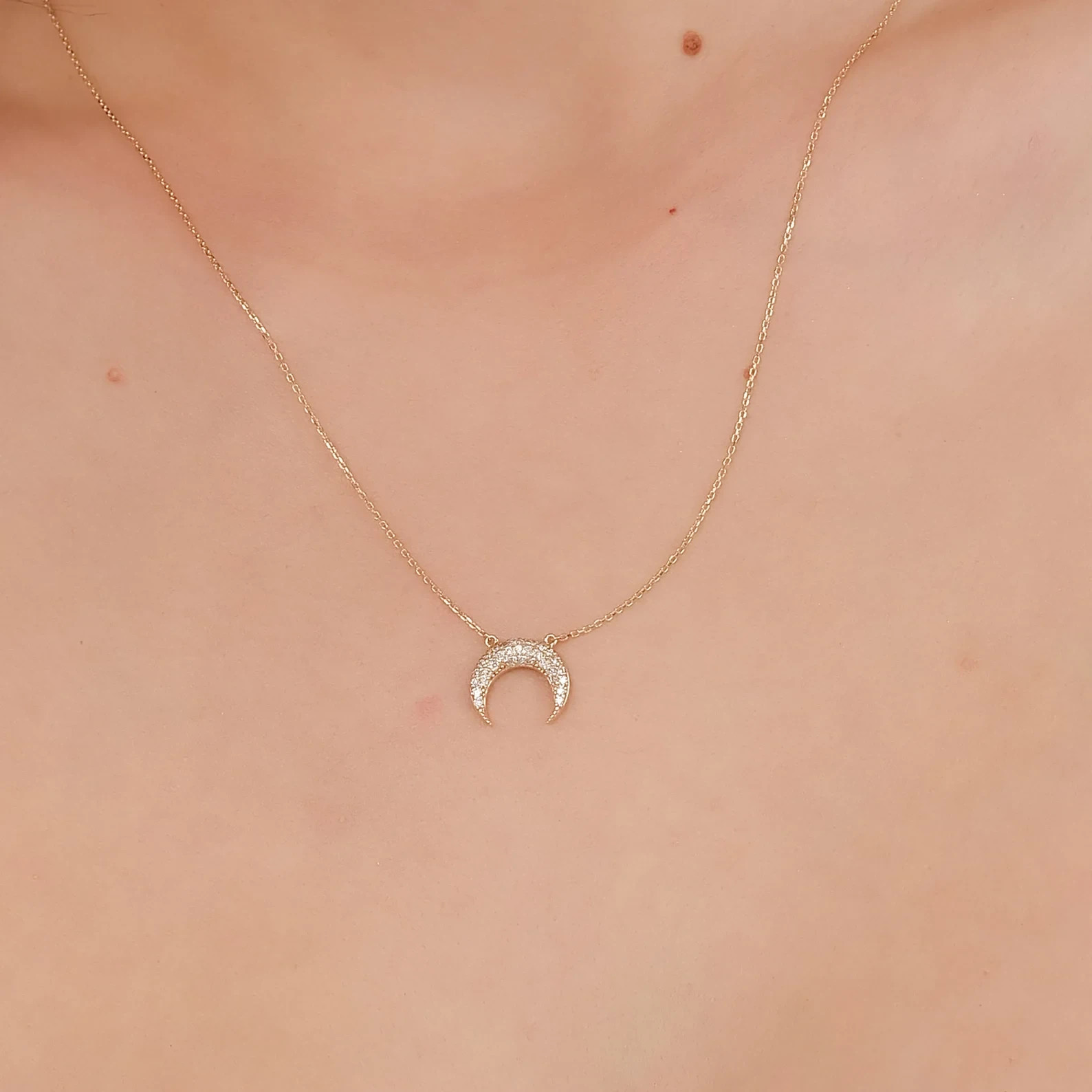 1.00 Ct Round EF VS Lab Grown Diamond Crescent Horn Necklace in 14K Solid Gold