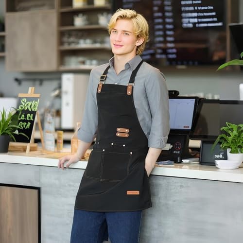 Chef Apron for Men Women with Pockets Adjustable Strap, Water Repellent Black