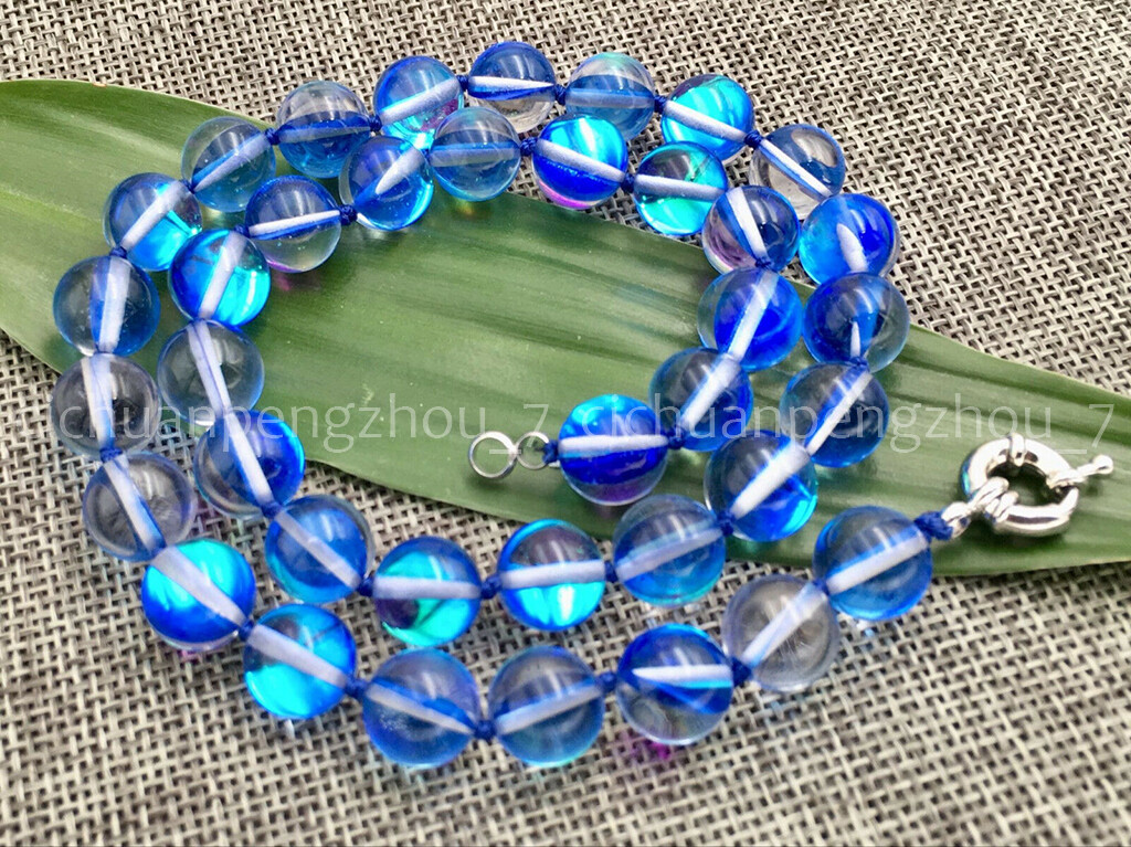 6/8/10/12mm Blue Gleamy Rainbow Moonstone Round Gemstone Beads Necklace 18”