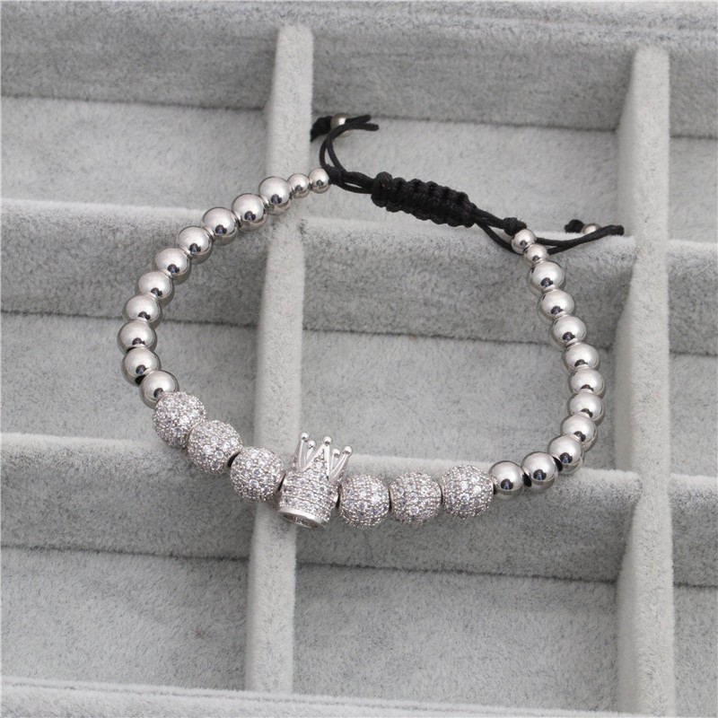 Micro Pave CZ Crown Bead Bracelet Adjustable Braided Cord Shiny Silver Wrist Jew