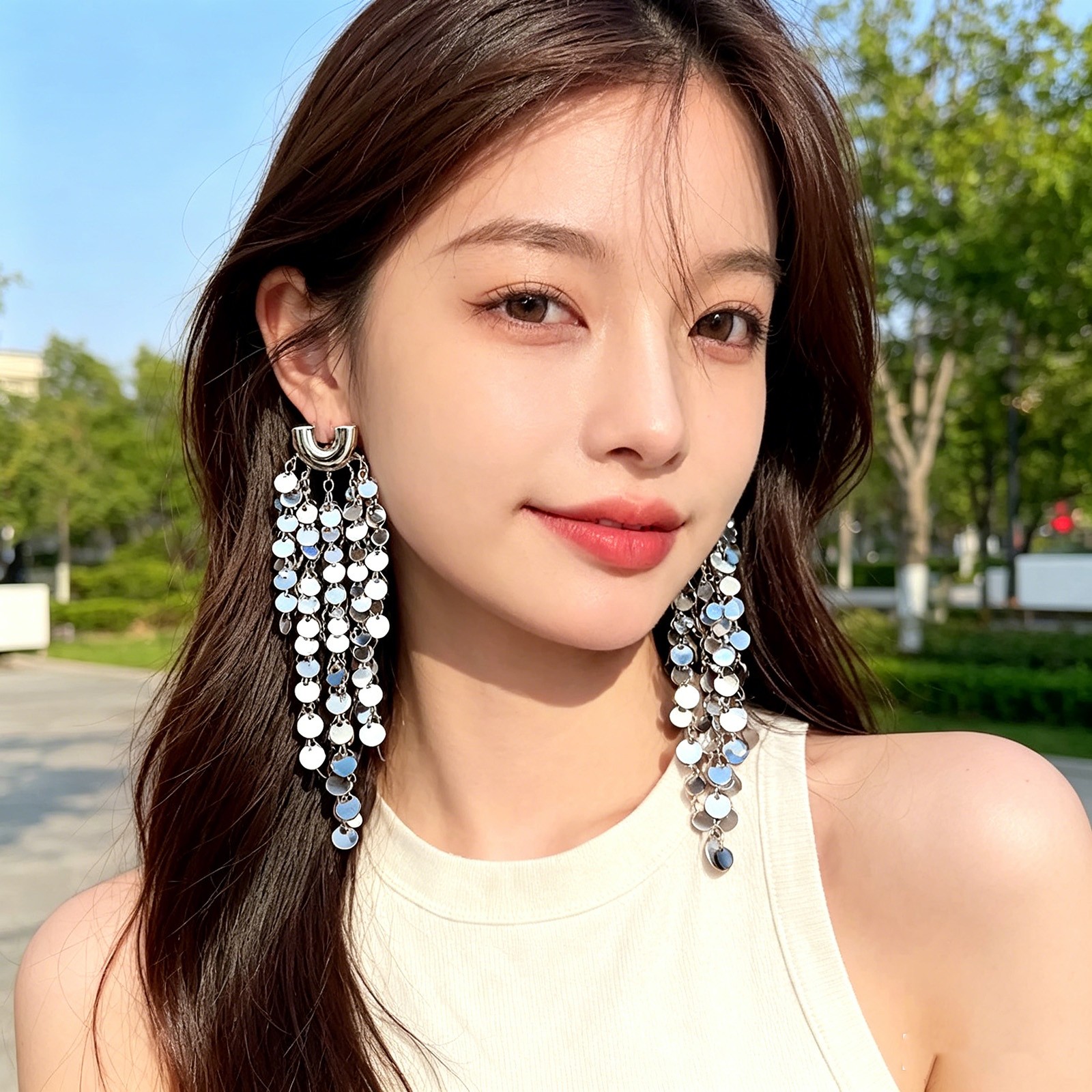 Shiny Sequin Tassel Drop Earrings Bohemian Long Dangle Earrings Party Wedding