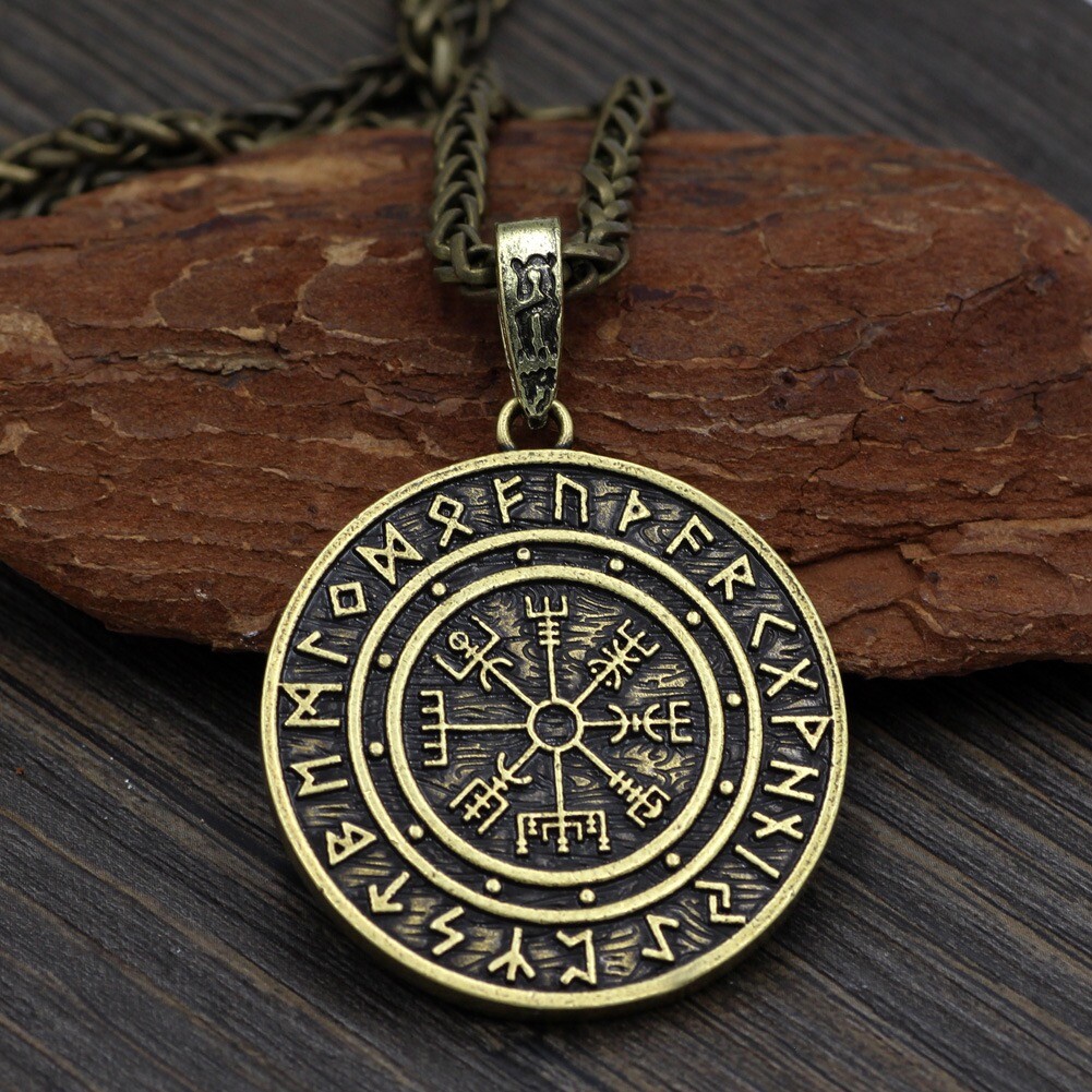 Men Vintage Norse Viking Rune Vegvisir Pirate Compass Pendant Necklace Chain 24″