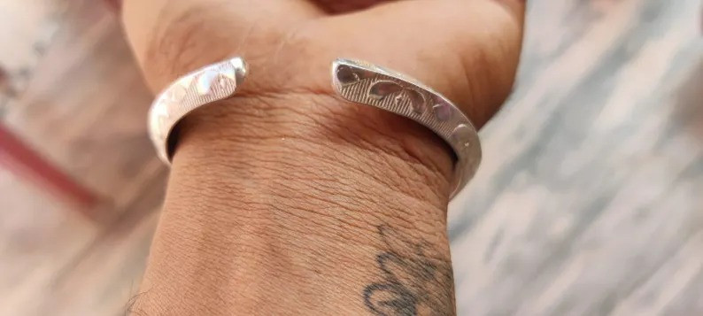 Sterling Silver Cuff Bracelet for Men, Engraved Tribal Open Bangle, Handmade Min