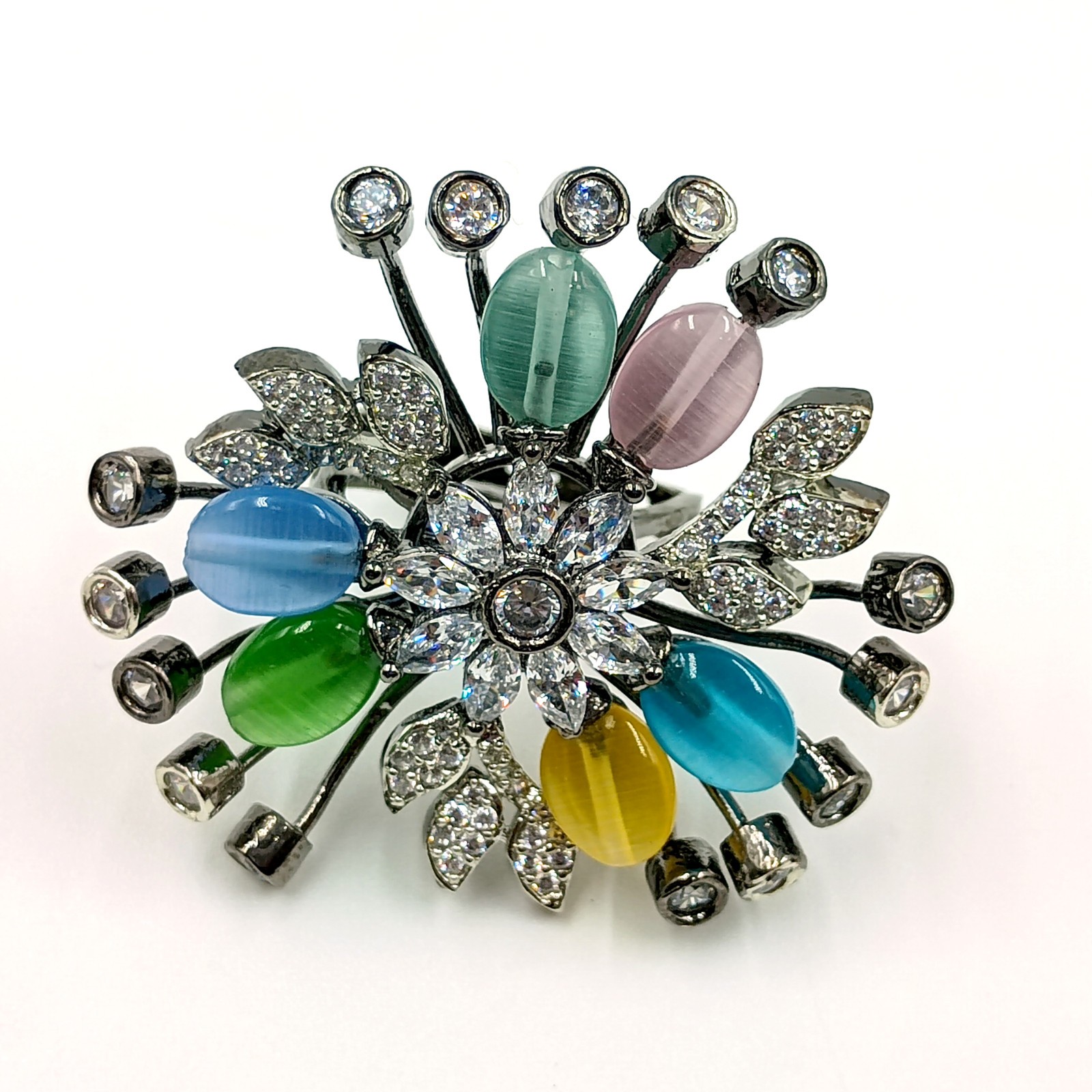 Handmade Multi Stone Ring Adjustable Cubic Zirconia Black Rhodium Plated Boho