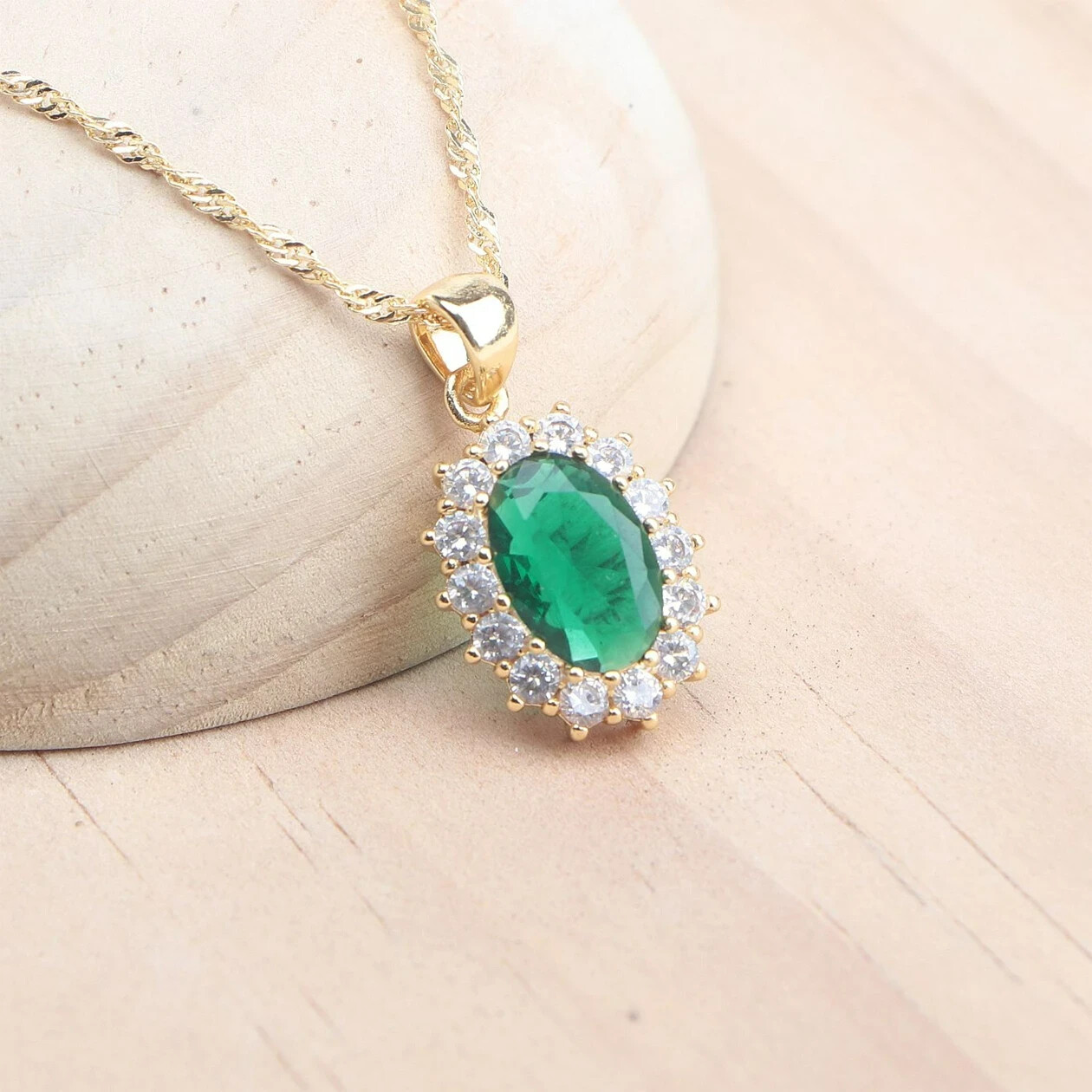 925 Sterling Silver CZ Green Emerald Oval Ring Earrings Pendant Necklace Set