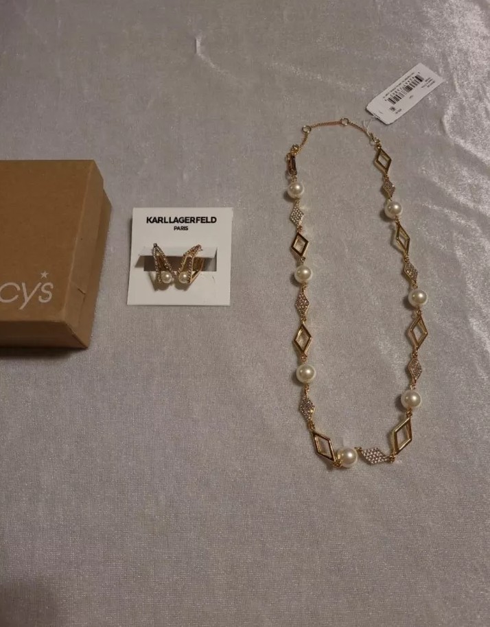 KARL LAGERFELD GOLD TONE WITH PEARLS AND CRYSTAL ACCENT EARRINGS & NECKLACE