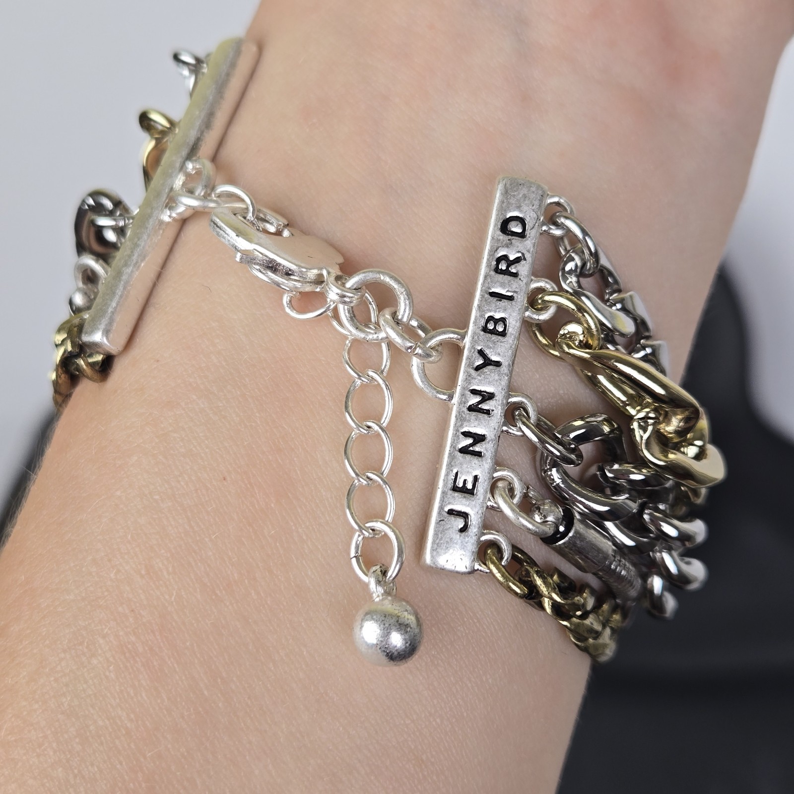 Jenny Bird Bracelet Two Tone Mixed Chain Link Multi Strand Jewelry Signed