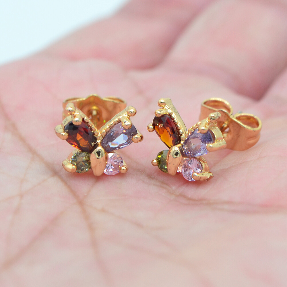 18K Yellow Gold Filled Women Multicolor Topaz Cute Butterfly Stud Earrings