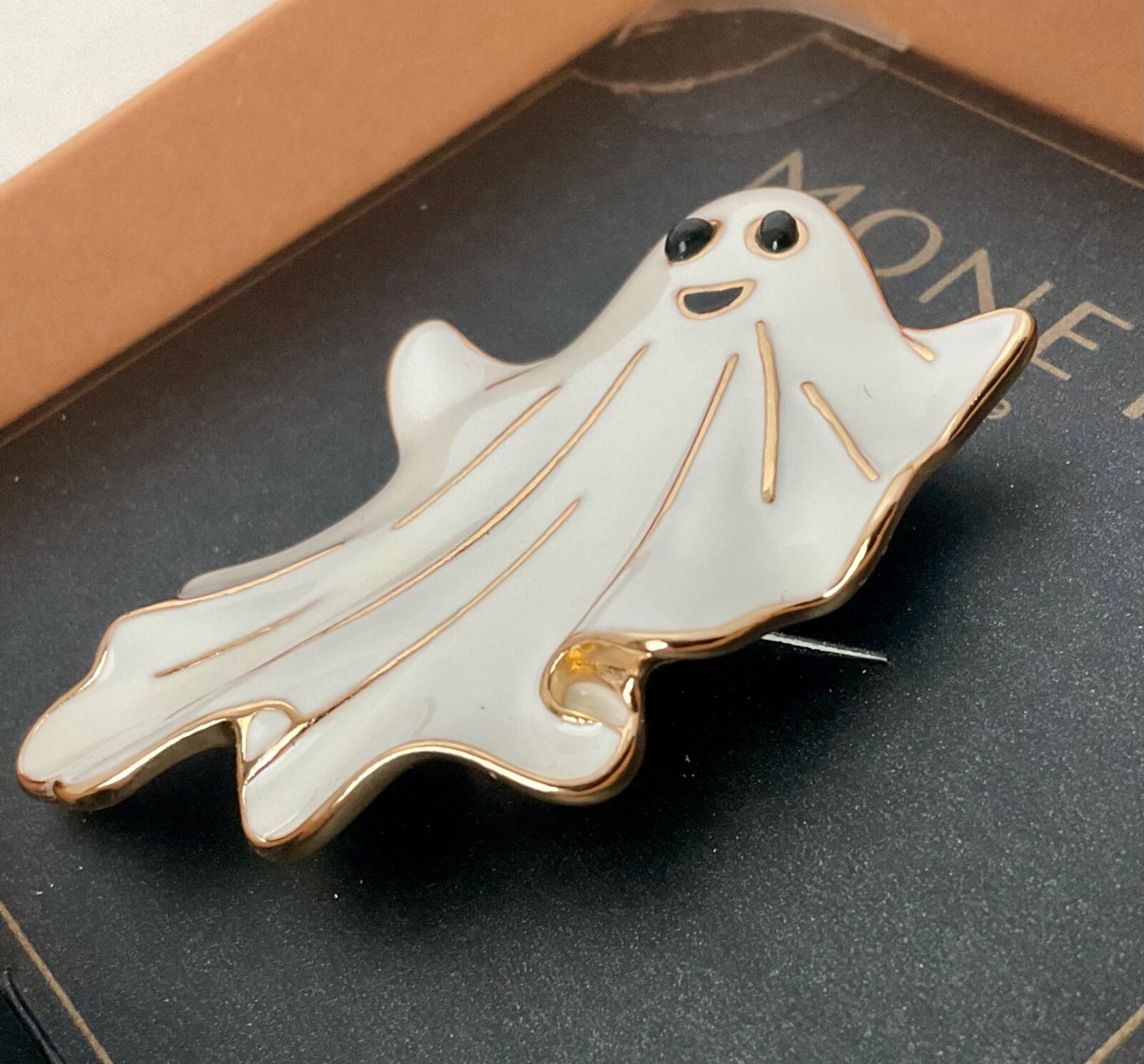 Monet Signed Halloween Ghost Pin Gold Tone & White Enamel Spooky NEW
