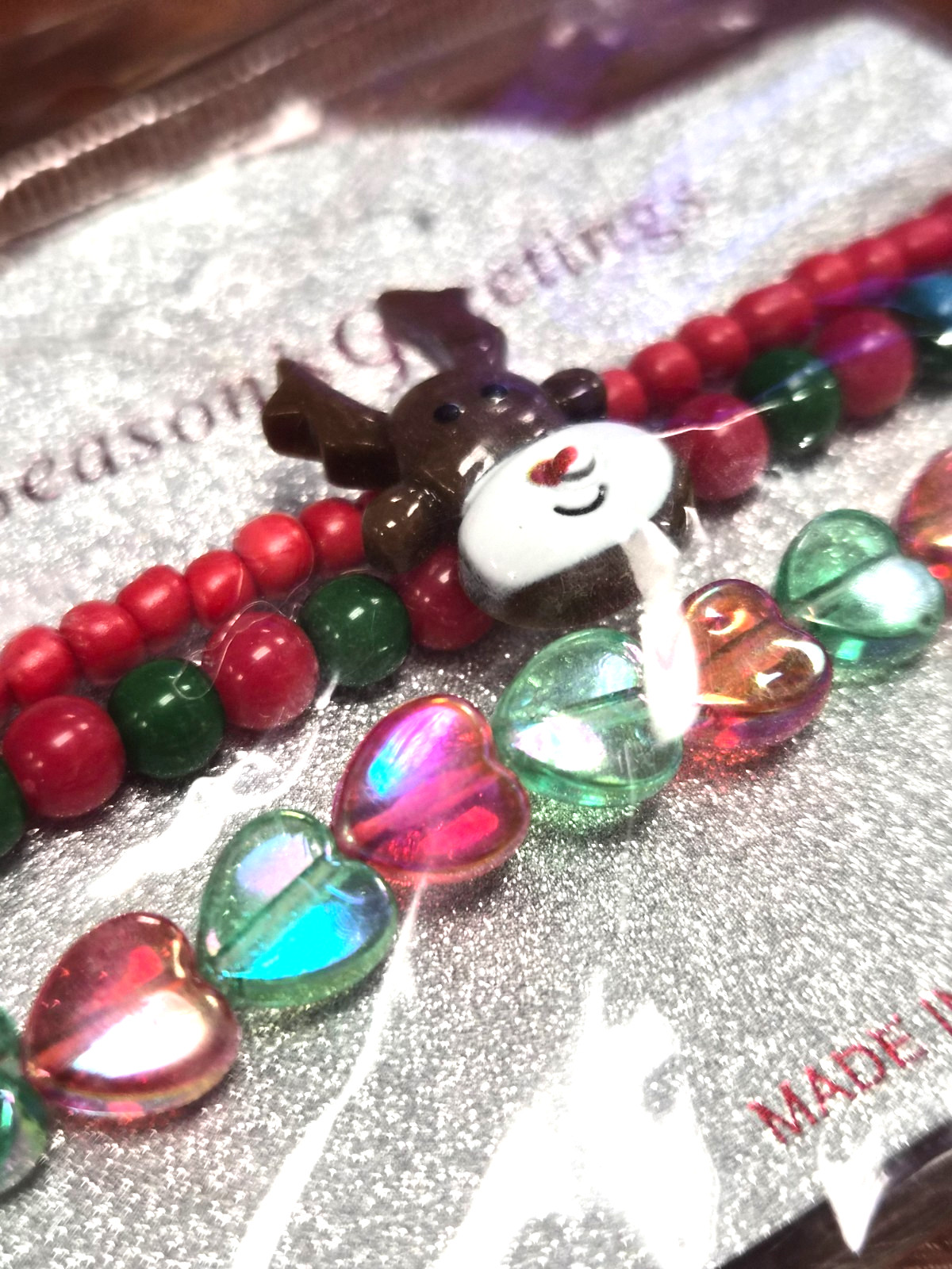 NOS Estate 3 Christmas Holiday Plastic Beaded Rudolph Reindeer 6.5″ Bracelet